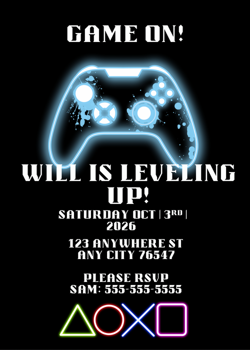 Level Up! Gaming themed Party invited